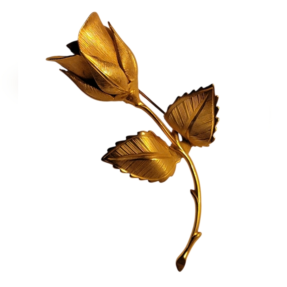 Vintage 1970s Long Stem Rose Gold-Tone Brooch Pin 2.75"